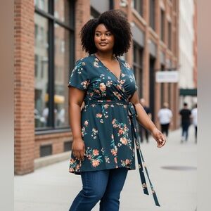 Torrid Navy Floral Wrap Blouse